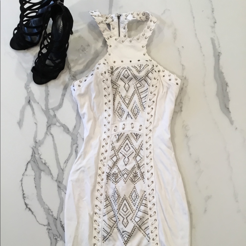 White BodyCon Going Out Dress with Metal Work